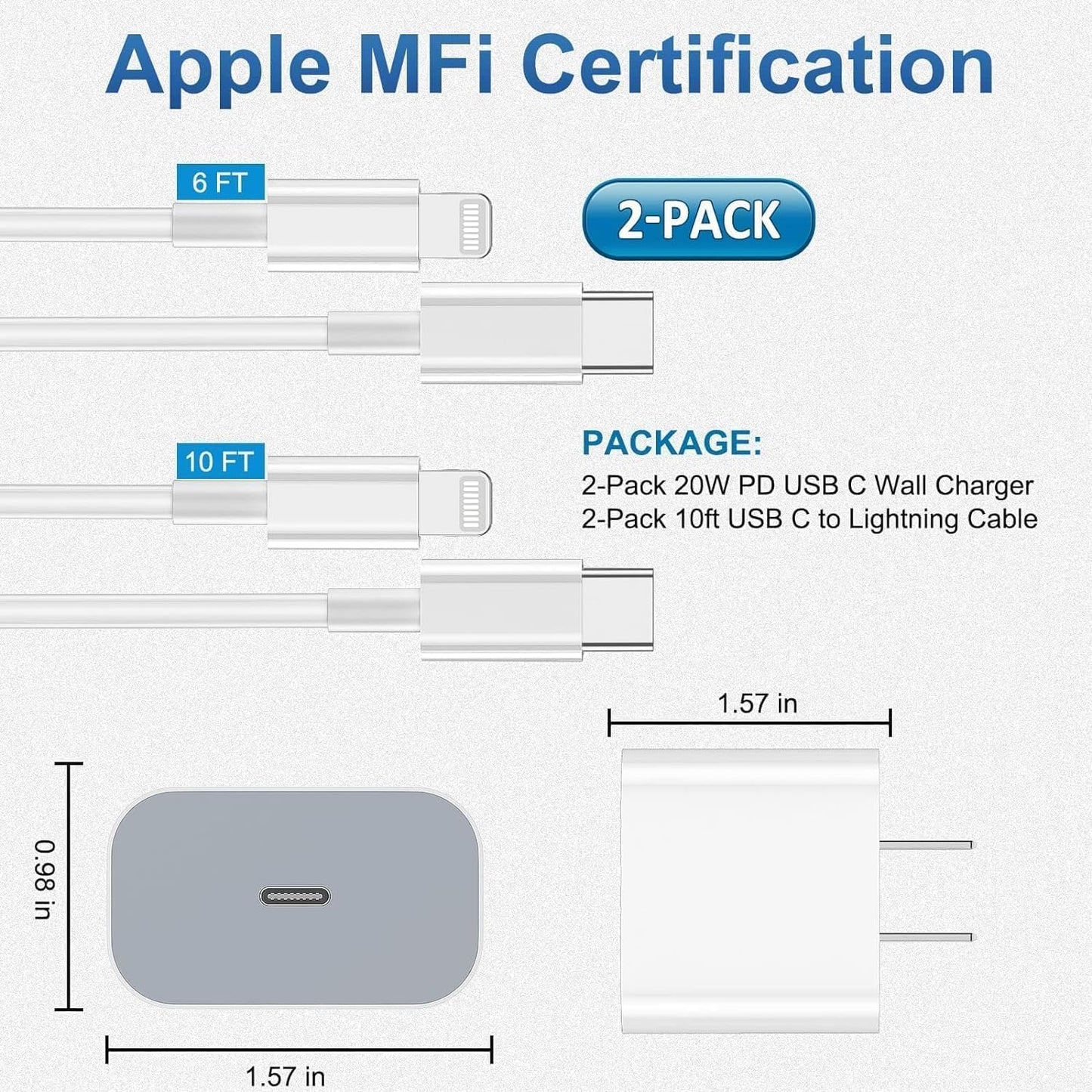 iPhone Charger Fast Charging 2 Pack Type C Wall Charger Block with 2 Pack [6FT&10FT] Lightning Cable for iPhone 14/13/12/12 Pro Max/11/Xs Max/XR/X,AirPods Pro